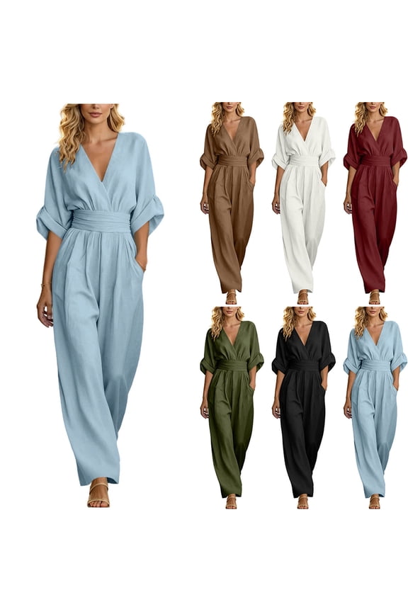 Women's Cotton Linen Wide Leg Long Pants Jumpsuit, Mid Waisted Elastic Drawstring Comfort Fit, Solid Color Zipper Five-Button Sleeve, Casual Business Summer Beach Office Yoga,