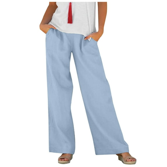 Women's Cotton Linen Wide Leg Palazzo Pants High Waisted Solid Color Loose Long Pants Casual Baggy Comfy Flowy Trousers