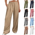thumbnail image 1 of Women's Cotton Linen Wide Leg Pants Casual Trousers Solid Color Drawstring Waist Long Pants With Pocket, 1 of 10