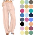thumbnail image 1 of Women's Cotton Linen Wide Leg Pants Casual Trousers Solid Drawstring Waist Long Pants With Pocket, 1 of 5