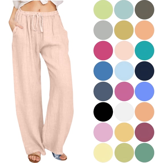 Women's Cotton Linen Wide Leg Pants Casual Trousers Solid Drawstring Waist Long Pants With Pocket