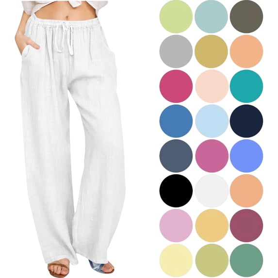 Women's Cotton Linen Wide Leg Pants Casual Trousers Solid Drawstring Waist Long Pants With Pocket
