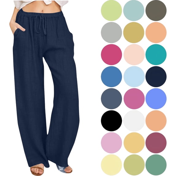 Women's Cotton Linen Wide Leg Pants Casual Trousers Solid Drawstring Waist Long Pants With Pocket