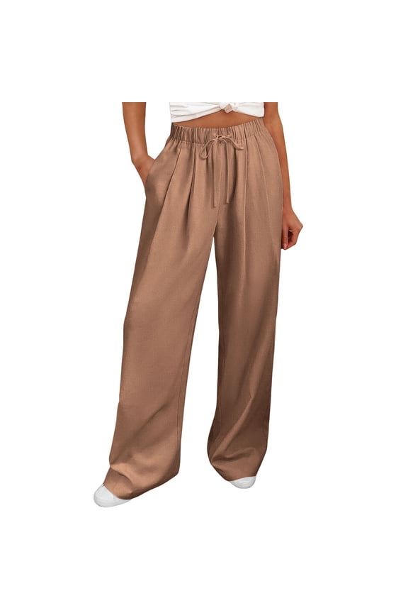 Women's Cotton Linen Wide Leg Pants Drawstring High Waist Summer Trousers Gauzy Flowy Casual Summer Pants with PocketsBrown