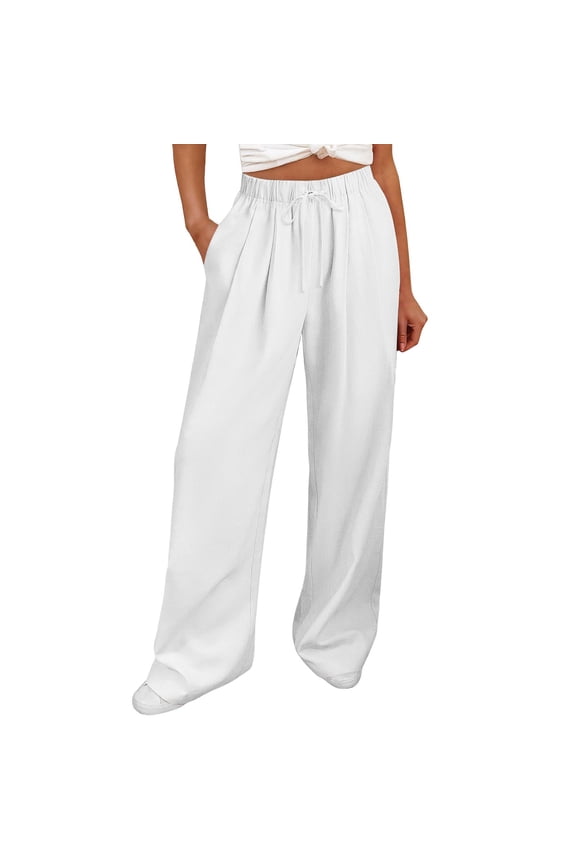 Women's Cotton Linen Wide Leg Pants Drawstring High Waist Summer Trousers Gauzy Flowy Casual Summer Pants with PocketsWhite