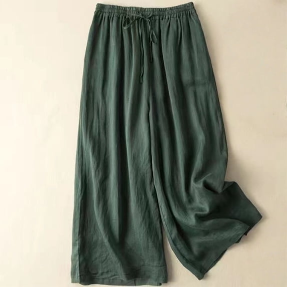 Women's Cotton Linen Wide Leg Pants, Elastic Drawstring Waist Loose Fit Palazzo Pants, Flowy Spring Summer Trousers for Beach, Vacation, Daily Wear and Boho Style Blackish Green XXL