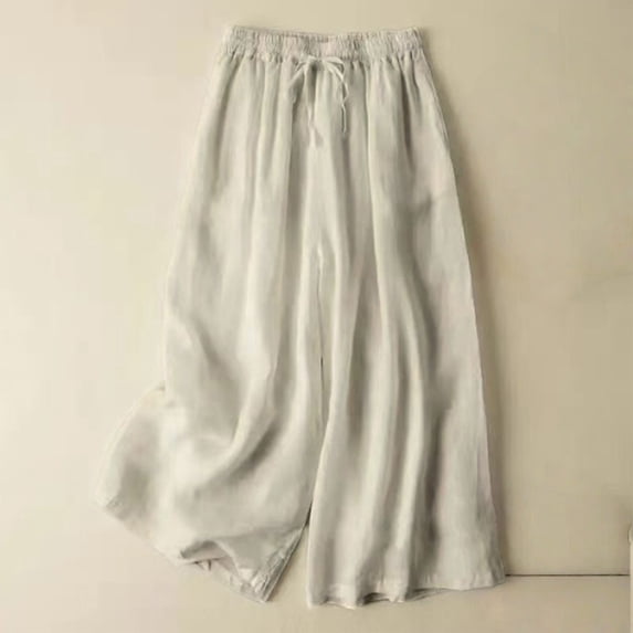 Women's Cotton Linen Wide Leg Pants, Elastic Drawstring Waist Loose Fit Palazzo Pants, Flowy Spring Summer Trousers for Beach, Vacation, Daily Wear and Boho Style Beige L