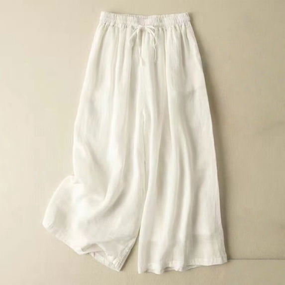 Women's Cotton Linen Wide Leg Pants, Elastic Drawstring Waist Loose Fit Palazzo Pants, Flowy Spring Summer Trousers for Beach, Vacation, Daily Wear and Boho Style White XL