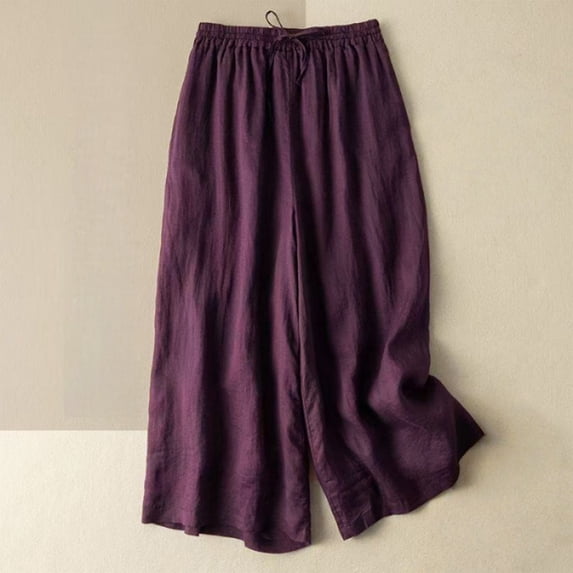 Women's Cotton Linen Wide Leg Pants, Elastic Drawstring Waist Loose Fit Palazzo Pants, Flowy Spring Summer Trousers for Beach, Vacation, Daily Wear and Boho Style Purple XXXL