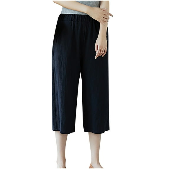 Women's Cotton Linen Wide Leg Pants Elastric Waist Straight Leg Pants Solid Color Loose Capri Trousers with Pockets