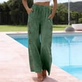 thumbnail image 1 of Women's Cotton Linen Wide Leg Pants, Floral Cut Out Design Elastic Waist Beach Pants, Boho Summer Trousers for Vacation, Resort Wear and Casual Outfits Green S, 1 of 2