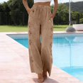 thumbnail image 1 of Women's Cotton Linen Wide Leg Pants, Floral Cut Out Design Elastic Waist Beach Pants, Boho Summer Trousers for Vacation, Resort Wear and Casual Outfits Khaki M, 1 of 2