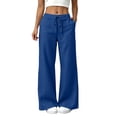 thumbnail image 1 of Women's Cotton Linen Wide Leg Pants High Waist Drawstring Loose Flowy Pants with Pockets Lightweight Summer Beach Pants with Pocket Blue, 1 of 9