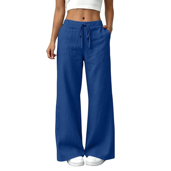 Women's Cotton Linen Wide Leg Pants High Waist Drawstring Loose Flowy Pants with Pockets Lightweight Summer Beach Pants with Pocket Blue