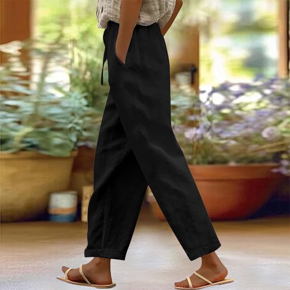 Women's Cotton Linen Wide Leg Pants, High Waist Elastic Waist Ankle Length Casual Trousers with Pockets, Comfortable Breathable Loose Fit Pants for Yoga, Beach, Holiday and Daily Wear Black XL