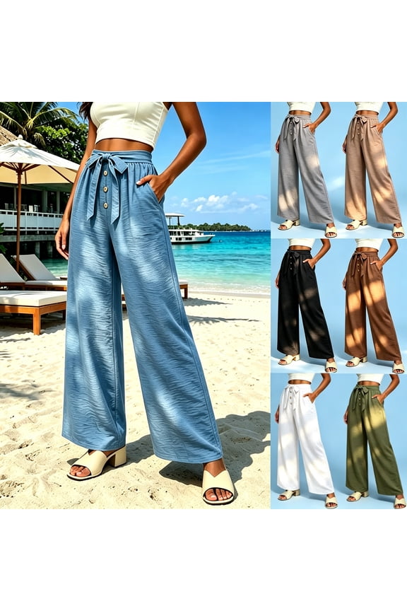 Women's Cotton Linen Wide Leg Pants, High Waist Tie Front Button Decor Textured Trousers with Pockets All-Day Comfort for Work, Office, Travel, Daily | TruBelle,Gray S
