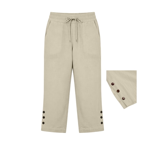 Women's Cotton Linen Wide Leg Pants,High Waisted Casual Trousers with Drawstring,Lightweight Loose Fit Summer Beach Lounge Pants for Vacation,Work,Outdoor Beige L