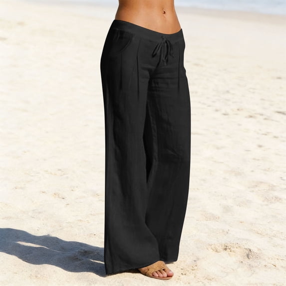 Women's Cotton Linen Wide Leg Pants Oversized Elastic Waist Straight Leg Pleated Pants Casual Solid Plus Size Loose Quickly Dry Breathable Comfy Summer Vacation Beach Pant