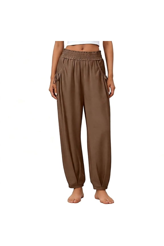 Women's Cotton Linen Wide Leg Pants with Pockets, Mid Elastic Waist Drawstring, Lightweight Loose Fit, Casual Business Dressy Lounge Summer Beach, Womens | VerBelle,Brown 2XL