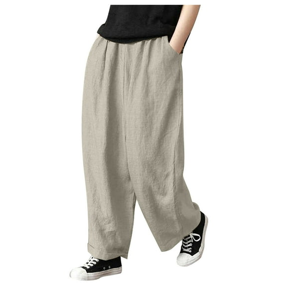 Women's Cotton Linen Wide Leg Pants Summer Loose Casual Straight Bloomers