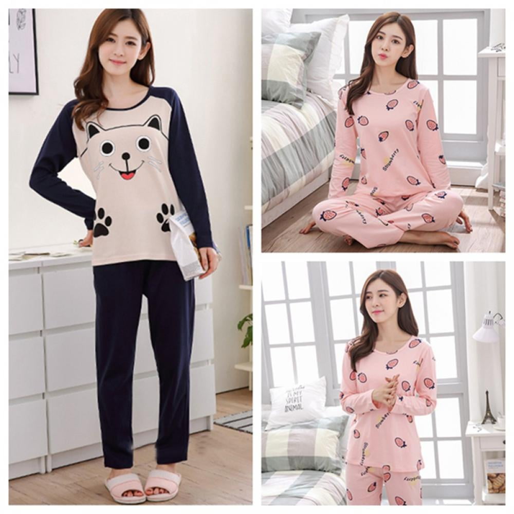 Women's Cotton Long Sleeve Pajama Set Cute Cat Print Tops and Bottom ...