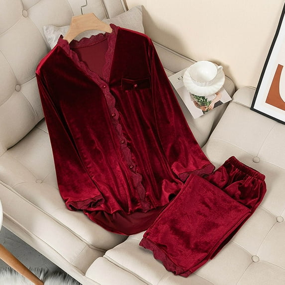 Women's Cotton Long-Sleeve Shirt and Full-Length Bottom Pajama Set Fashion Women V-neck Solid Color Lace Tie Buckle Pocket Long Sleeves Tops Elastic Waist Trousers Pajama Set Summer Clearance,Wine,M