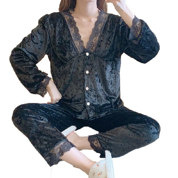 Women's Cotton Long-Sleeve Shirt and Full-Length Bottom Pajama Set Ndbuld Ladies Coral Fleece Warm Pajamas Set Flowers Print Long Sleeve Cardigan Pocket Homewear ,Black,L