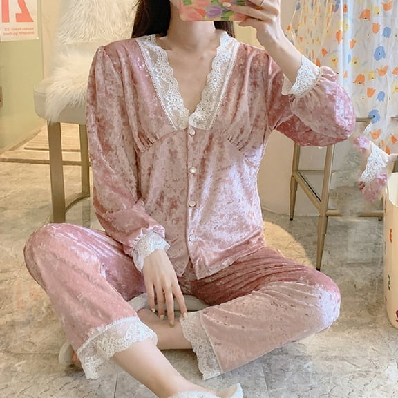 Women's Cotton Long-Sleeve Shirt and Full-Length Bottom Pajama Set Ndbuld Ladies Coral Fleece Warm Pajamas Set Flowers Print Long Sleeve Cardigan Pocket Homewear ,Pink,2XL