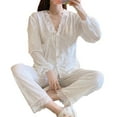 thumbnail image 1 of Women's Cotton Long-Sleeve Shirt and Full-Length Bottom Pajama Set Ndbuld Ladies Coral Fleece Warm Pajamas Set Flowers Print Long Sleeve Cardigan Pocket Homewear ,White,L, 1 of 2