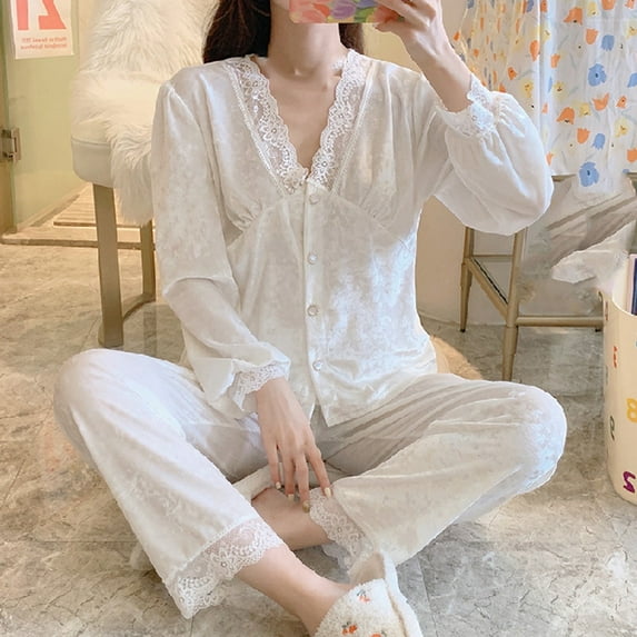 Women's Cotton Long-Sleeve Shirt and Full-Length Bottom Pajama Set Ndbuld Ladies Coral Fleece Warm Pajamas Set Flowers Print Long Sleeve Cardigan Pocket Homewear ,White,2XL