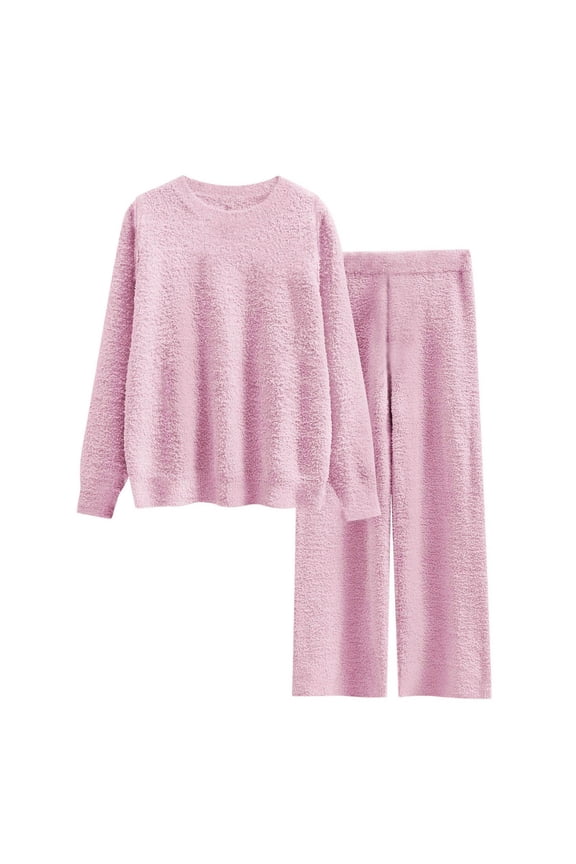 Women's Cotton Long-Sleeve Shirt and Full-Length Bottom Pajama Set Ndbuld Women's Fuzzy Fleece Pajama Sets 2 Piece Outfits Sleeve Top Wide Leg Pants Matching Set 2026 Fall Winter ,Pink,2XL