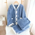 thumbnail image 1 of Women's Cotton Long-Sleeve Shirt and Full-Length Bottom Pajama Set Ndbuld Women's Solid Color Thick Warm Long Sleeves Top Pants Pajama Sets Rollbacks,Blue,XL, 1 of 1