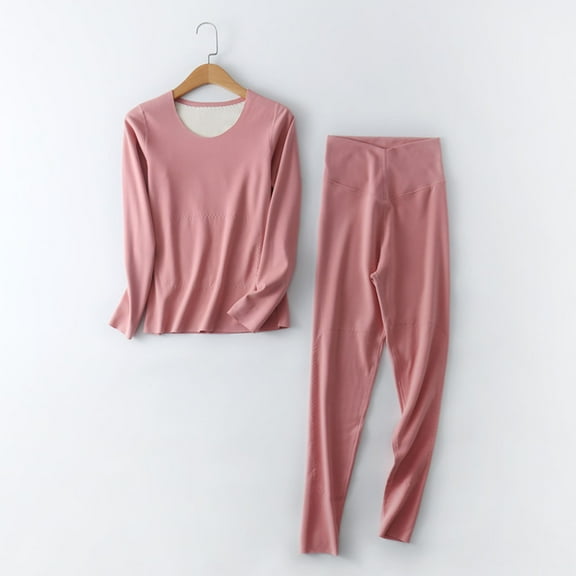 Women's Cotton Long-Sleeve Shirt and Full-Length Bottom Pajama Set Ndbuld Women's Solid Color Thick Warm Long Sleeves Top Pants Pajama Sets ,Pink,M
