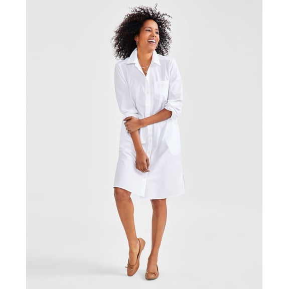 Style & Co. Women's Cotton Long Sleeve Shirtdress Bright White M