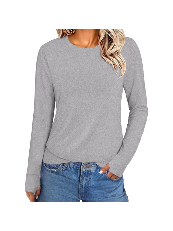 Women's Cotton Long Sleeve Shirts with Thumb Holes Crew Neck Soft Basic Tee Casual Plain T-Shirt Fall Women's Tops(Grey,M)