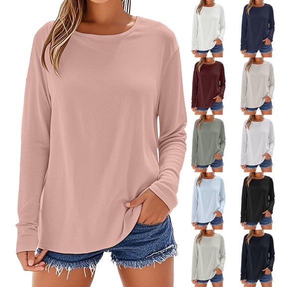 Women's Cotton Long Sleeve Tee Round Neck Basic Top New Season Style
