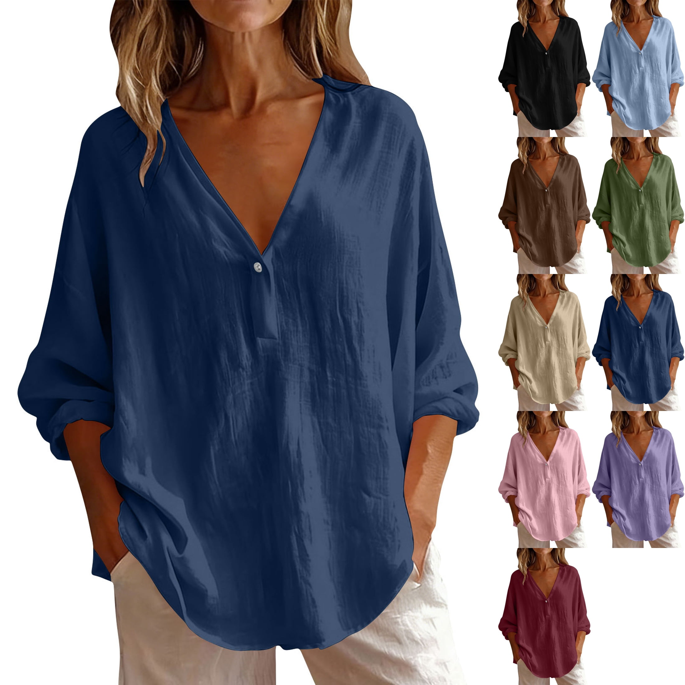 Women's Cotton Long Sleeve Tunic Tops V Neck Loose Fit Button Down ...