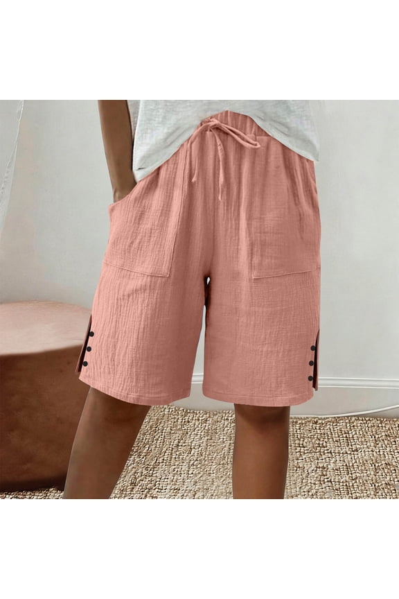 Women's Cotton Loose Straight Leg Shorts with Pockets, Side Slit Buttons Mid Waist, Comfy Casual Elastic Waist, Summer Walking Travel Vacation, Casual Fashionable Solid Color