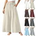 thumbnail image 1 of Women's Cotton Loose Wide Leg Pants, Mid Elastic Waist Drawstring with Pockets, Lightweight Casual Flowy Trousers for Business Summer Vacation, Soft Linen | VerBelle,Black 3XL, 1 of 9