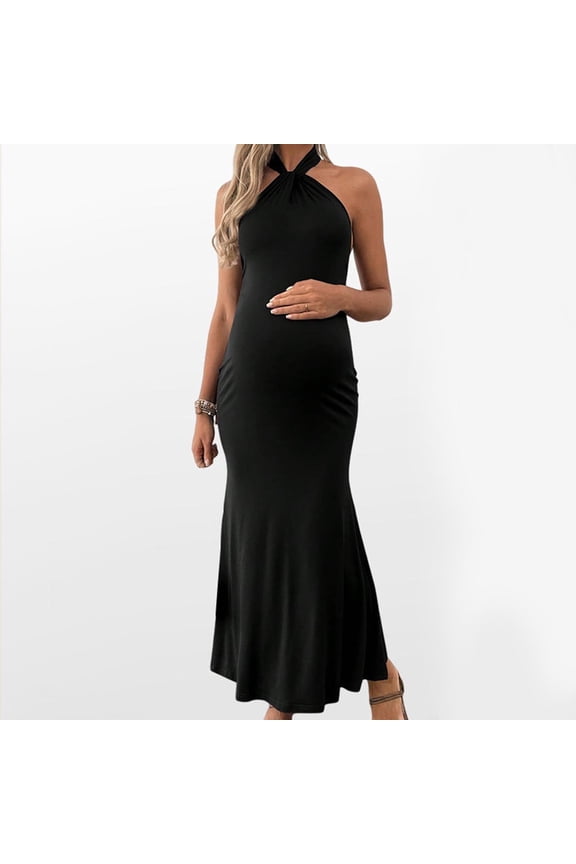 Women's Cotton Maternity Dress Halter Sleeveless Stretch Bodycon Mermaid Maxi Dresses Pregnancy Backless Slit Twist Cocktail Party Wedding Dresses Black S