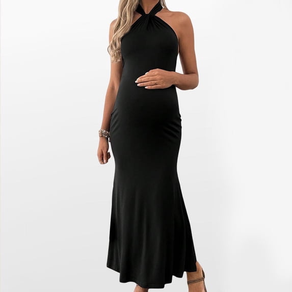 Women's Cotton Maternity Dress Halter Sleeveless Stretch Bodycon Mermaid Maxi Dresses Pregnancy Backless Slit Twist Cocktail Party Wedding Dresses Black M
