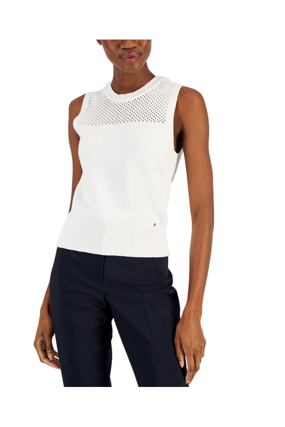 Women's Cotton Mesh Yoke Sleeveless Sweater Bright White XL