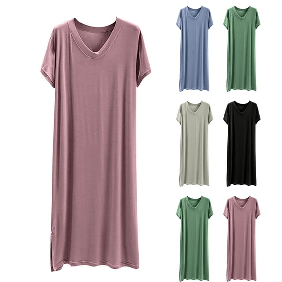 Women's Cotton Modal Blend, Plain V Neck Short Sleeve Nightgown, Soft All Season Fabric, Wear Alone Or Layer Under Jacket Casual Sleepwear, pajamas | TruHer,Black Free Size