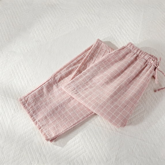 Women's Cotton Muslin Pajama Pants - Summer Spring Checkered Loose Full Length Sleep Pants