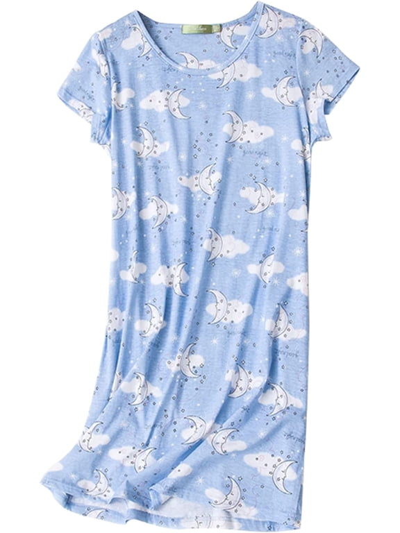 Women's Cotton Nightgown Sleepwear Short Sleeves Shirt Casual Print Sleepdress Blue Moon XL