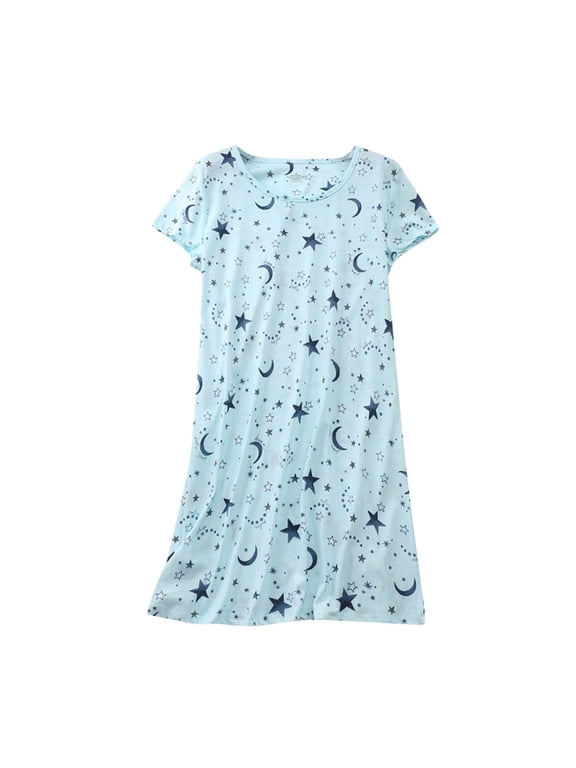 Women's Cotton Nightgown Sleepwear Short Sleeves Shirt Casual Print Sleepdress Light Blue XL
