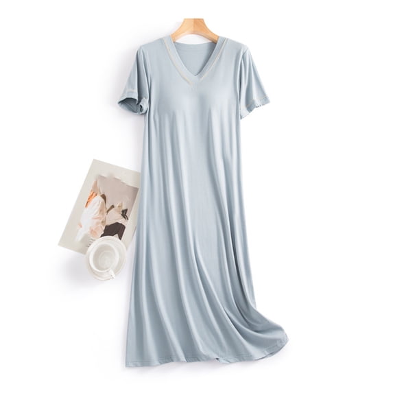 Women's Cotton Nightgown Sleepwear Short Sleeves Shirt Casual Print Sleepdress Light Blue XXL