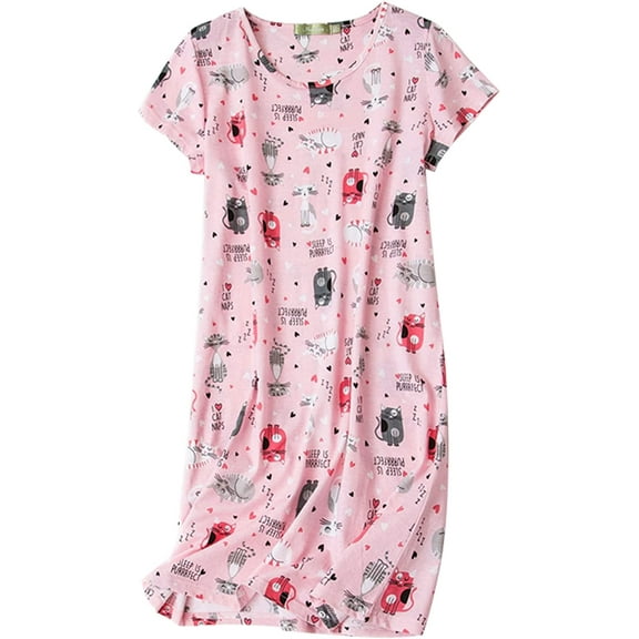 Women's Cotton Nightgown Sleepwear Short Sleeves Shirt Casual Print Sleepdress Pink Cat XL