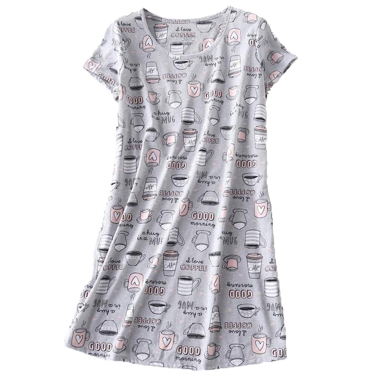 Women's Cotton Nightgown Sleepwear Short Sleeves Shirt Casual Print Sleepdress Size L