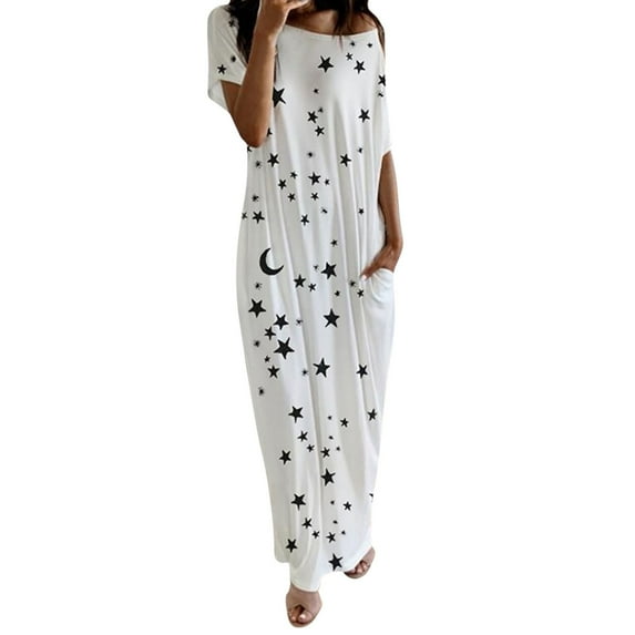 Women's Cotton Nightgown Women Casual Short Sleeve Star Moon Print One Shoulder Pockets Loose Long Dress, Women Nightgowns & Sleepshirts XXXL